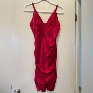 Amazon dress, red silky material, corset top. Size small hemmed at the bottom.